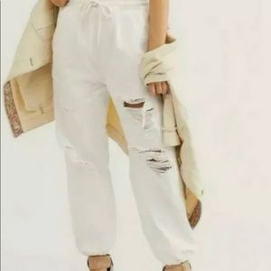 Free People White Denim Distressed Joggers